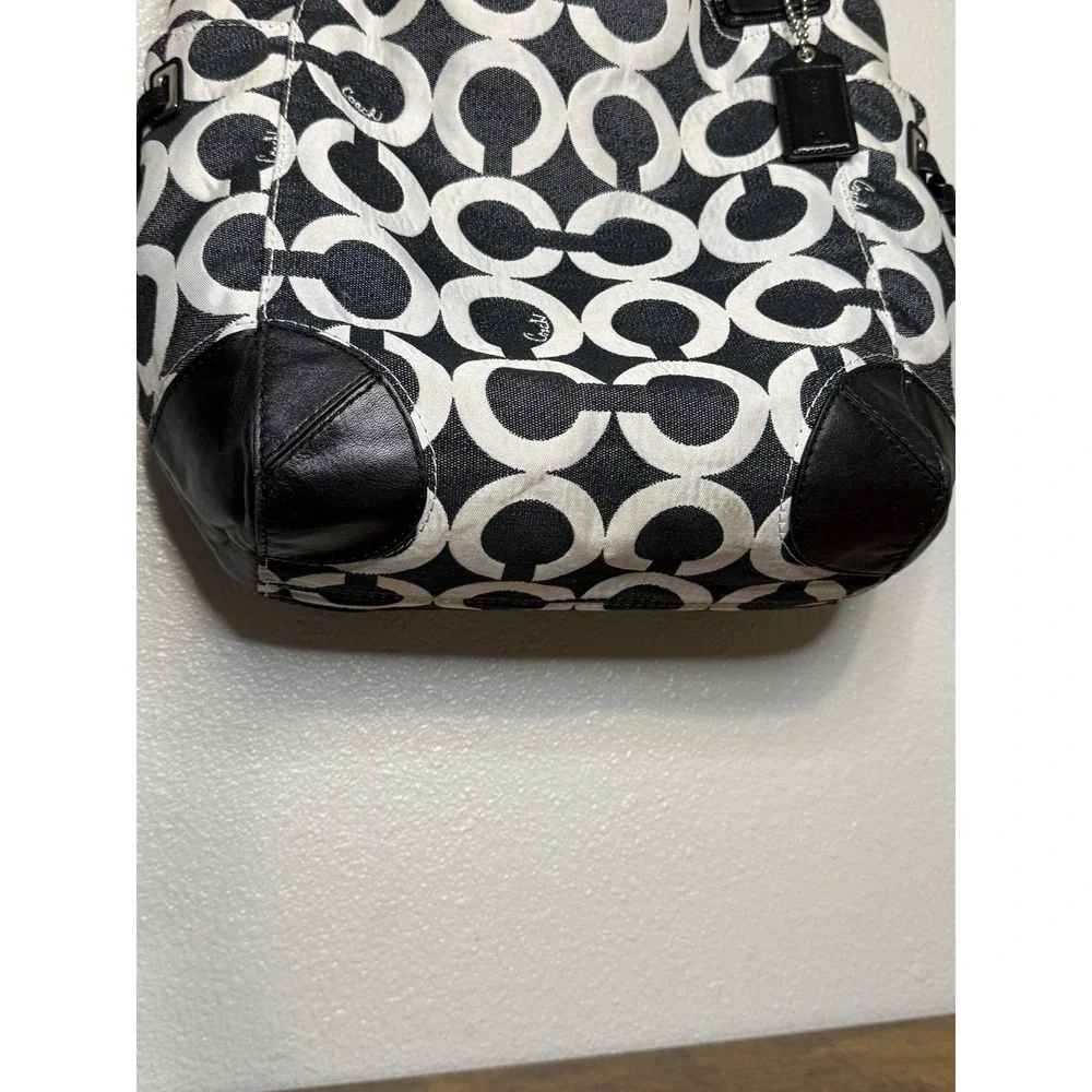 Coach Signature Op Art Draw String Sides Hobo Handbag Black‎ White 14573